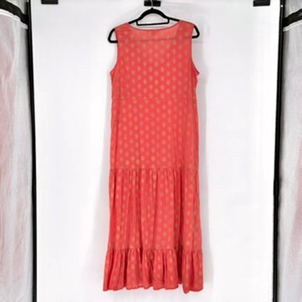 Vtg April Cornell Coral Pink & Metallic Gold Maxi Dress- Size XL Boho - Hippie - Picture 2 of 8